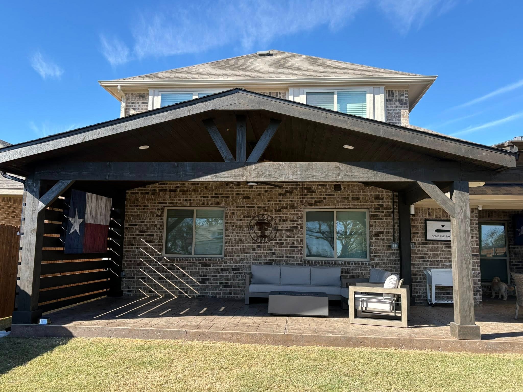 Gable patio cover exterior with trusses