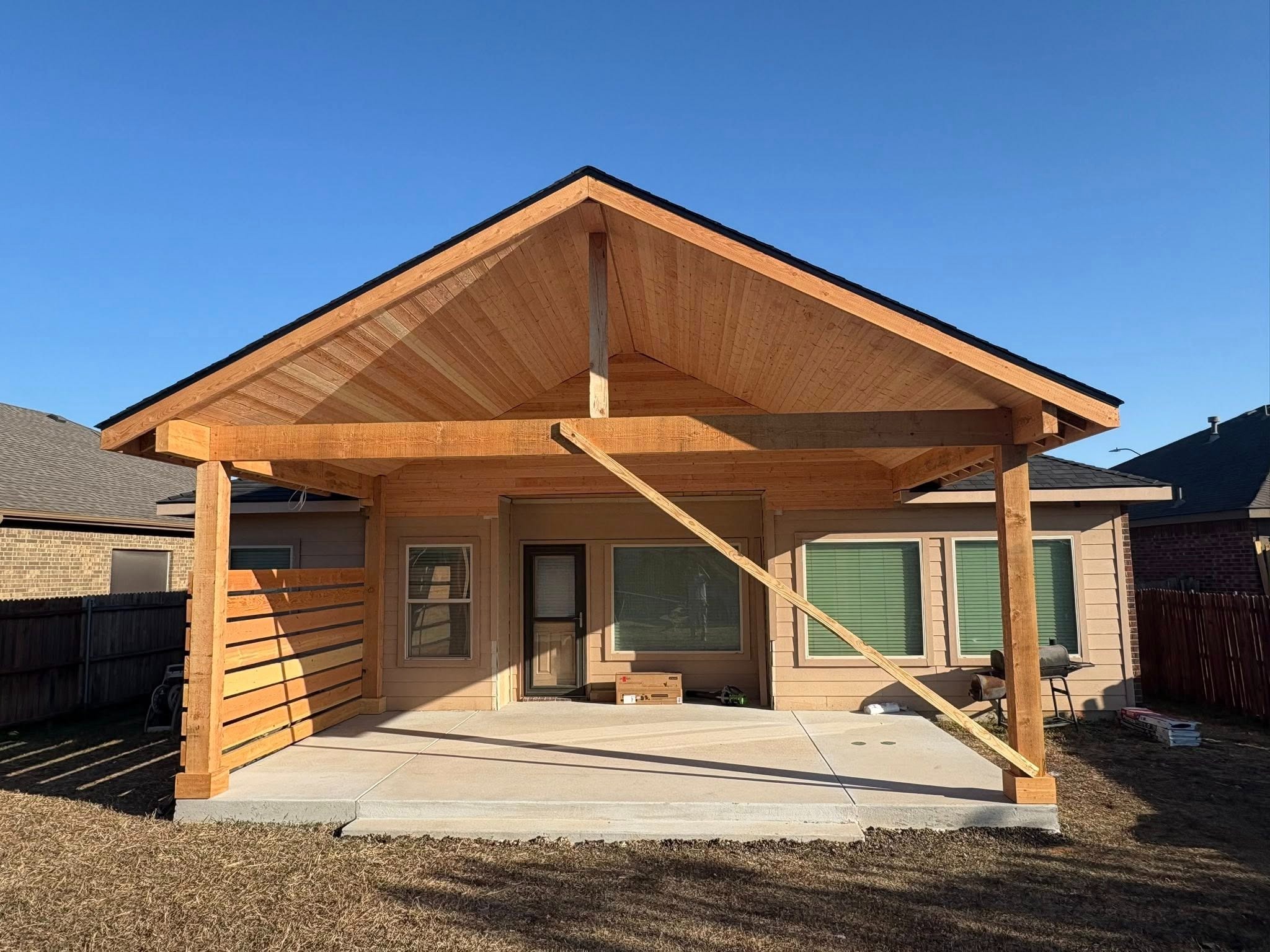 Frame complete — unstained gable structure