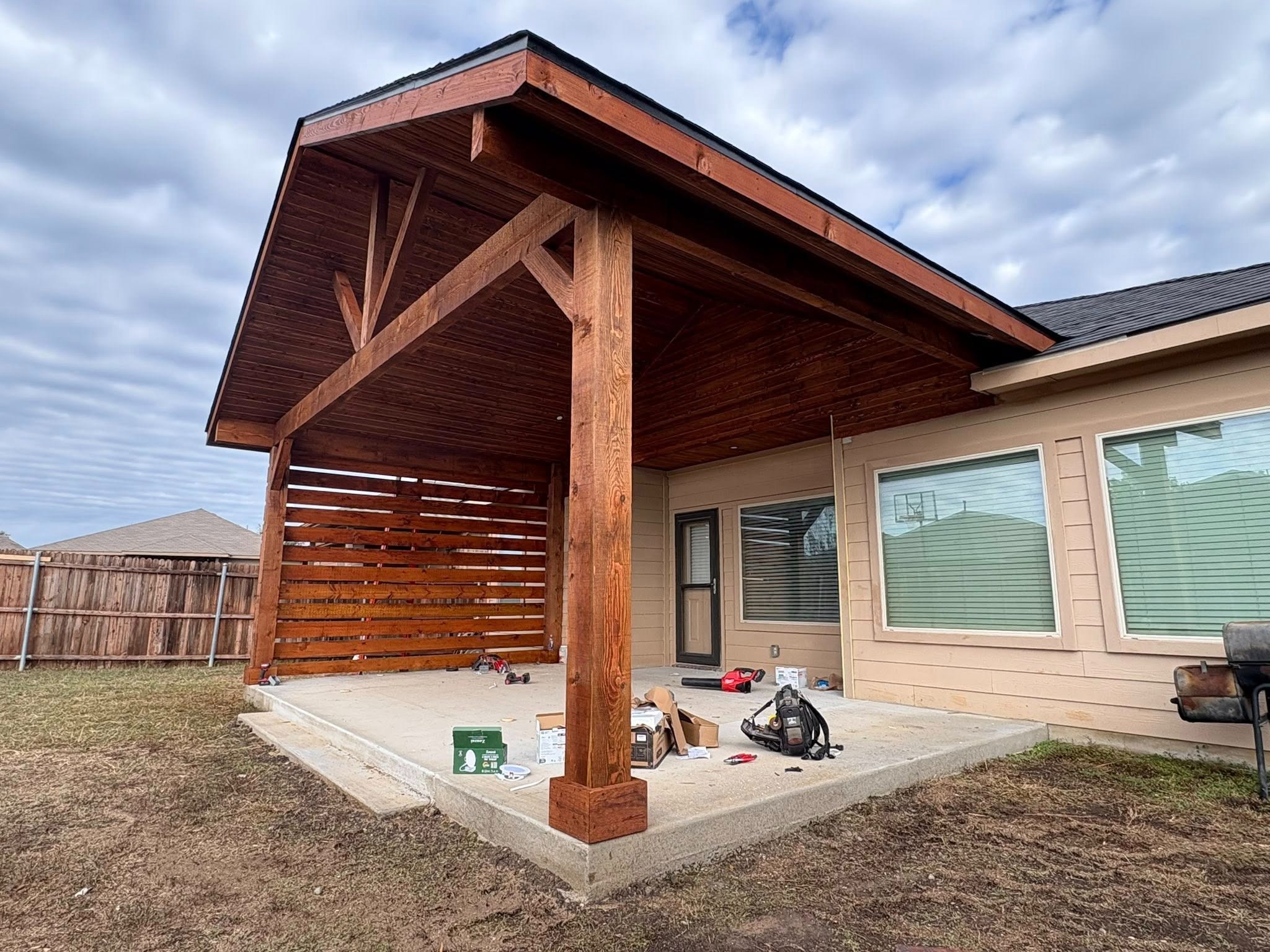 Finished — stained cedar side angle