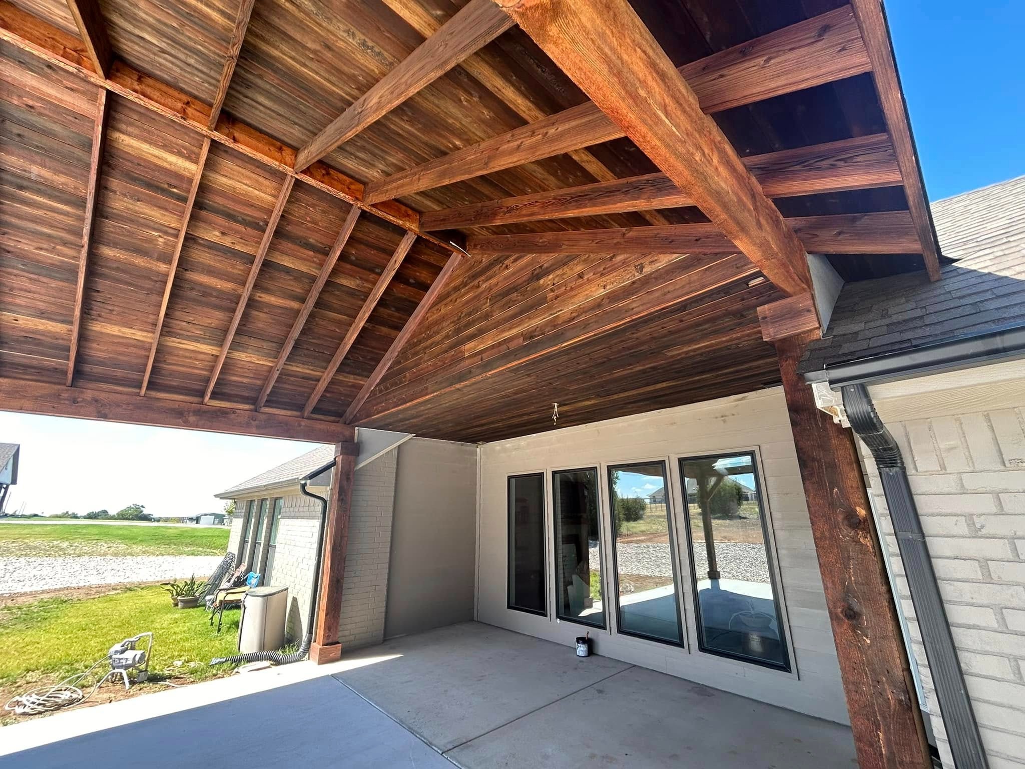Finished stained gable — ceiling and sliding doors